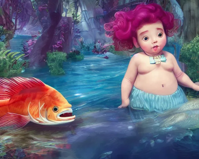 Image similar to of a very beautiful scene. a sweet fat little girl is in love with a huge, colorful and beautiful fish. hyper realistic. 4 k. wide angle. in the baroque style. wild. symmetrical face, red mouth, blue eyes. deep focus, lovely scene. processing block environment. concept art. unreal engine.