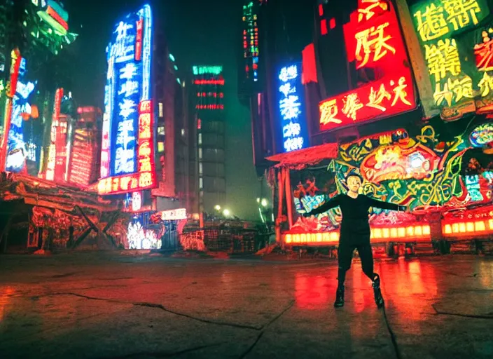 Prompt: xi jinping dancing, heroic shot, post apocalyptic, medieval times, cyber - punk, 7 0 s, wide shot, at night, neon lights