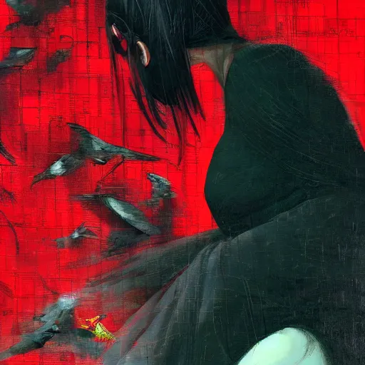 Image similar to portrait of a daydreaming melancholic latina woman in red habit being progressively rasterized into virtual pixels, she is surrounded by digital birds and a giant loving neon mecha robot is beside her, oil on canvas by yoji shinkawa, esao andrews, dave mckean and stina persson