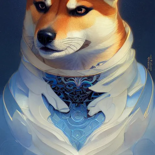 Prompt: Portrait of Shiba Inu, blue eyes, fantasy, intricate, elegant, highly detailed, digital painting, artstation, concept art, smooth, sharp focus, illustration, art by artgerm and greg rutkowski and alphonse mucha