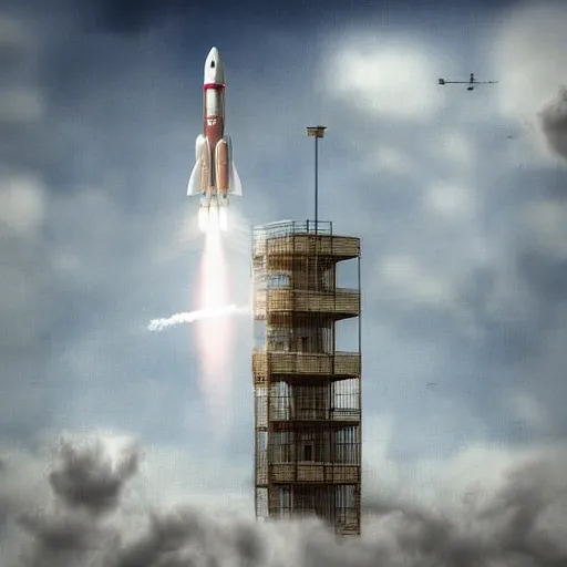 Prompt: a rocket landing on top of the building. high quality. digital art.