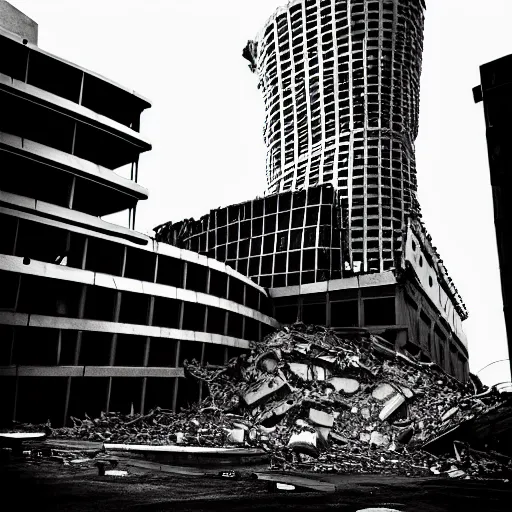 Prompt: Capitol records building in Los Angeles in ruins, apocalypse, black and white, highly detailed, red, hyperrealistic, artstation, future