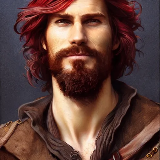 Prompt: portrait of a young ruggedly handsome but joyful pirate, male, masculine, upper body, deep crimson hair, long hair, d & d, fantasy, roguish smirk, intricate, elegant, highly detailed, digital painting, artstation, concept art, matte, sharp focus, illustration, art by artgerm and greg rutkowski and alphonse mucha