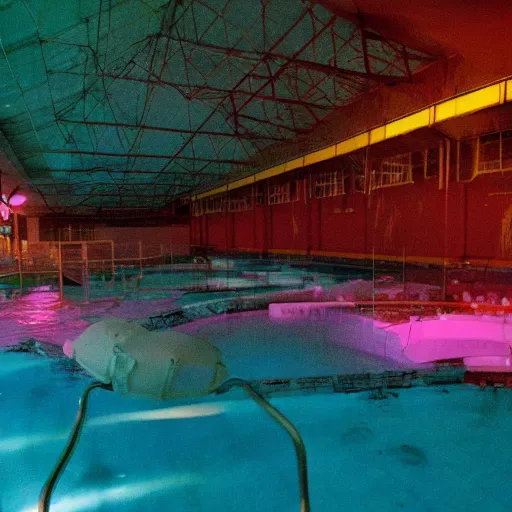 Prompt: an eerie photo of an abandoned indoor water park from the 1 9 9 0 s at night, disposable film