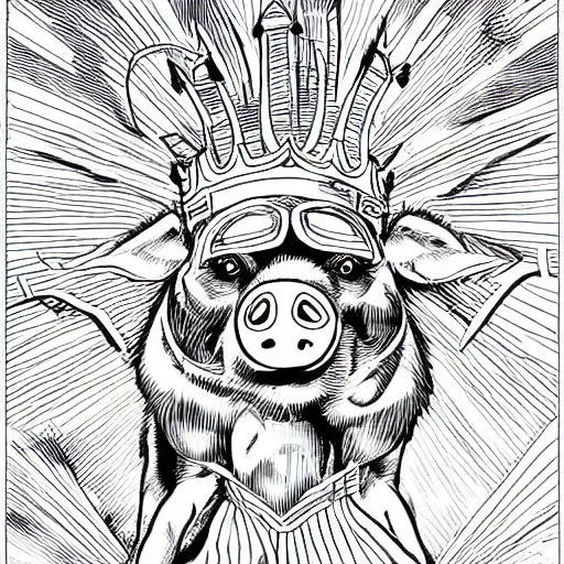 Prompt: detailed lineart comic book drawing of pig wearing a gold crown in the style of jim lee