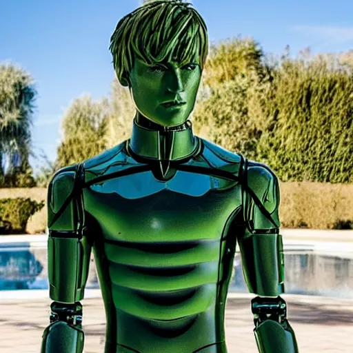 Image similar to a realistic detailed photo of a guy who is an attractive humanoid who is half robot and half humanoid, who is a male android, soccer player martin ødegaard, shiny skin, posing like a statue, blank stare, by the pool, on display, showing off his muscles, humanoid robot, frozen ice statue