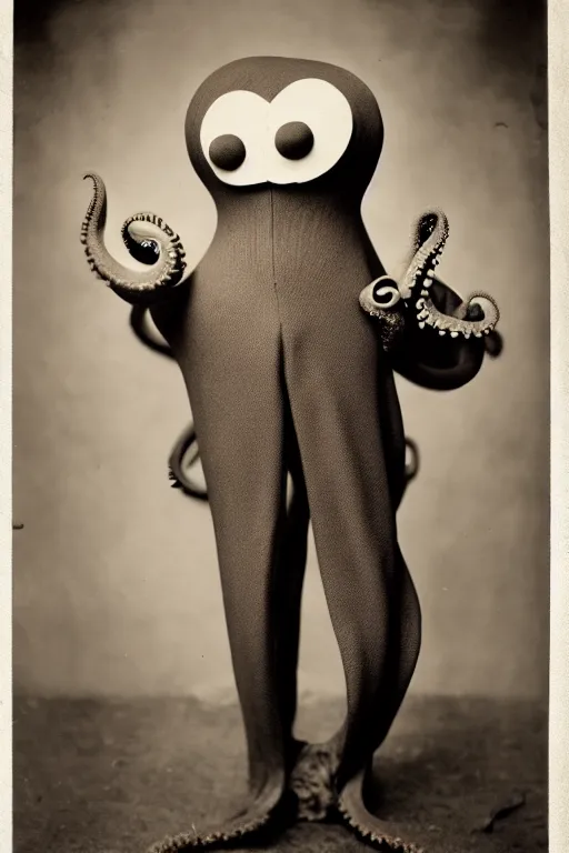 Prompt: anthropomorphic octopus , wearing a suit, vintage photograph, sepia