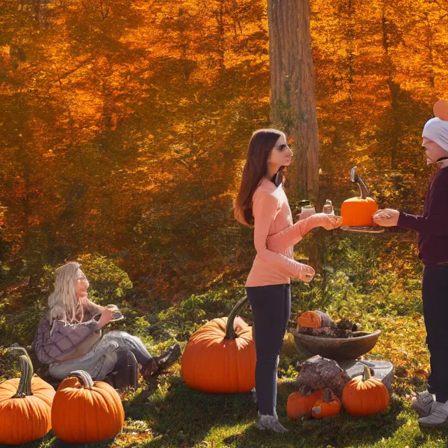Image similar to pumpkin headed people ordering pumpkin coffee at a maple coffee stand, maple trees with fall foliage, on a mountain in new hampshire, volumetric, realistic, cinematic lighting, ray tracing, unreal engine 5, octane render, hyper realistic, photo, 8 k