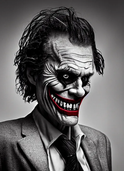 Image similar to photo of Willem Dafoe as the Joker by Lee Jeffries, big smile, detailed, award winning, Sony a7R