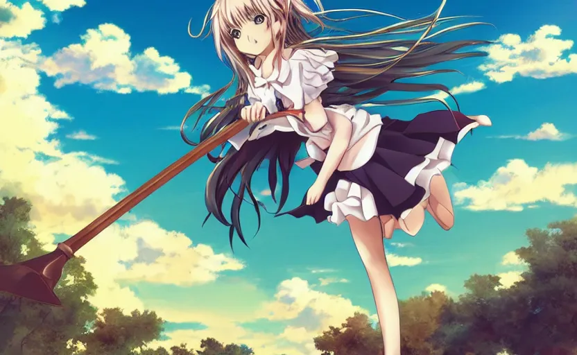 A girl flying on a broomstick through a rainy sky, anime graphic novel style