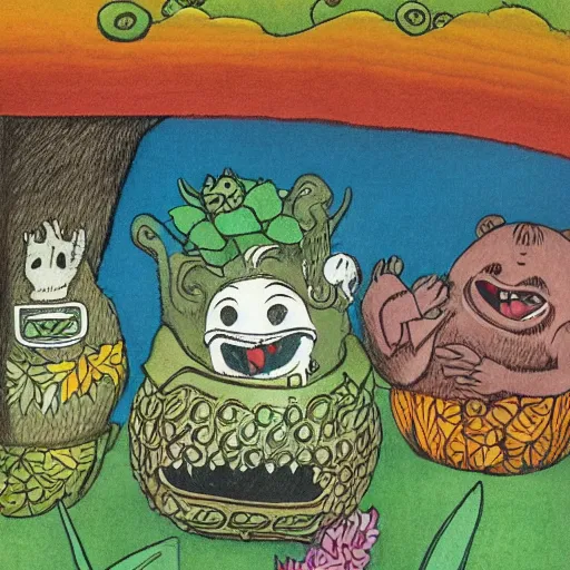 Prompt: highly detailed illustration of friendly monsters laughing and dancing around beautiful warm cups of coffee, amongst coffee beans and flowers, and rainbows in the style of Japanese illustration, Maurice Sendak, Tove Jansson