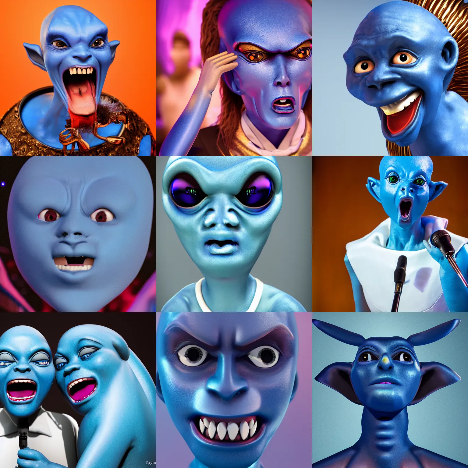 Prompt: Portrait of a blue alien that is singing opera, photo, 8k