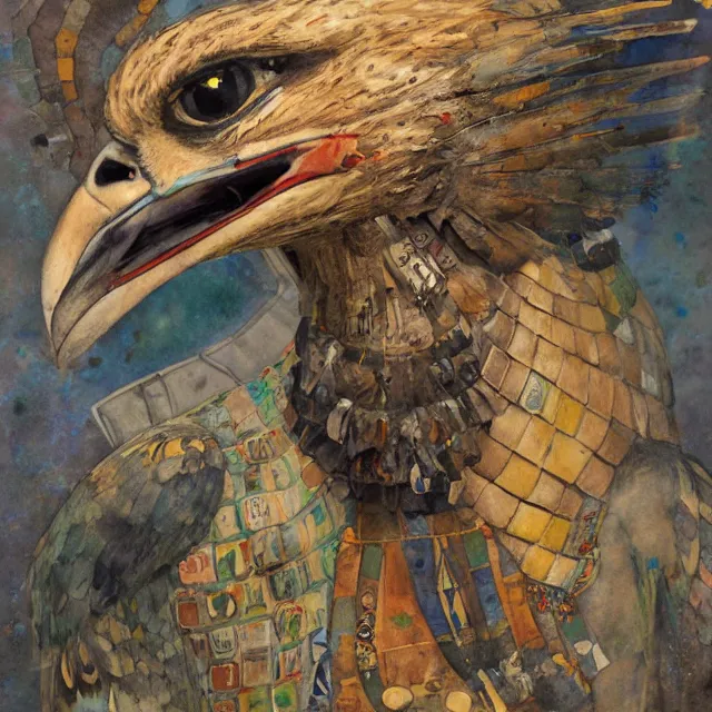 Image similar to expresionistic watercolor of Horus the falcon headed egyptian god, by Enki Bilal, by Gustav Klimt, by Greg Rutkowski, by Peter Mohrbacher, graffiti paint, vintage, splatters, scratches, trending on artstation