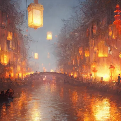 Image similar to concept art, river lanterns on the eve of ullambana festival, by james gurney, greg rutkowski, john howe, artstation