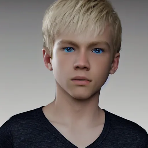 Image similar to a detailed full body image of boy with blonde hair and blue eyes wearing a black tshirt, unreal engine 5 rendered, incredibly highly detailed and realistic, 8 k, sharp focus, studio quality