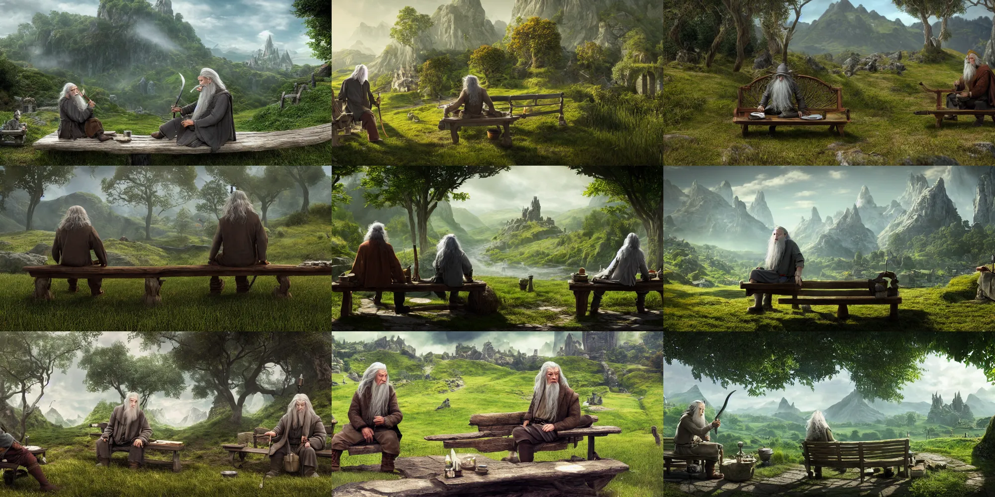 Prompt: a fantasy scene Gandalf gray in a hobbit on a sunny day in the background on a bench sits a hobbit and smokes a pipe. Green hills in the background. Detailed and realistic, 4k, top-artstation, inspired lord of the rings, octane render