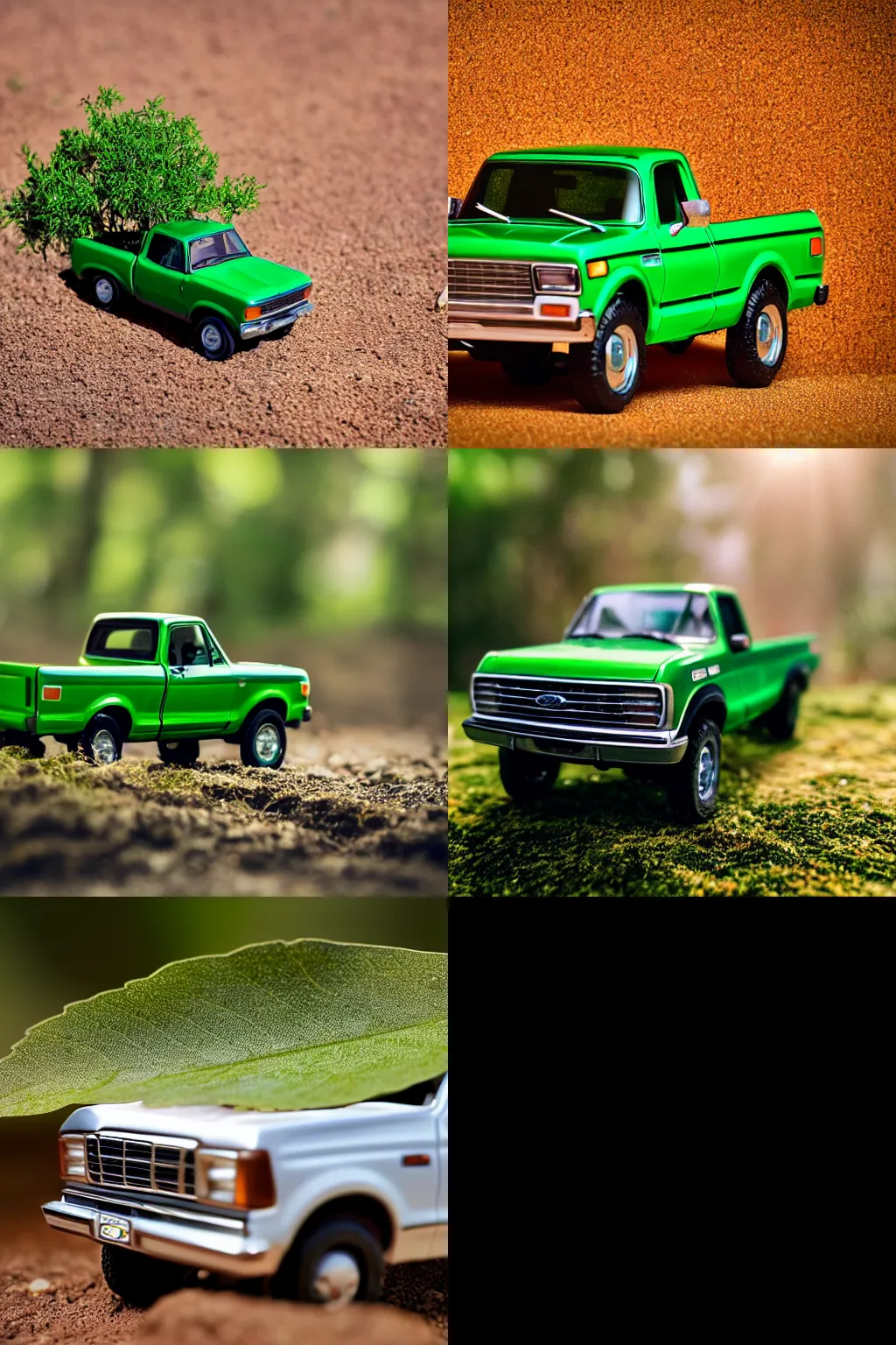 Prompt: a photo of a tiny ford truck ranger 1980 on a green leaf, natural sunlight, outdoors, highly detailed macro photography, shallow depth of field, full shot