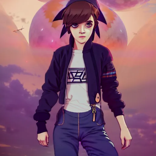 Image similar to beautiful boyish emma watson in majora's mask, wearing oversized mayan bomber jacket with overalls and leotard, bulky poofy bomber jacket with mayan patterns, aztec street fashion, gapmoe yandere grimdark, trending on pixiv fanbox, painted by greg rutkowski makoto shinkai takashi takeuchi studio ghibli, akihiko yoshida