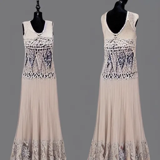 Image similar to fantastically beautiful long knitted large knitted evening dress. light colors. on top of the intricate black ornament openwork. and colored beads. asymmetrical. detailed. a masterpiece.