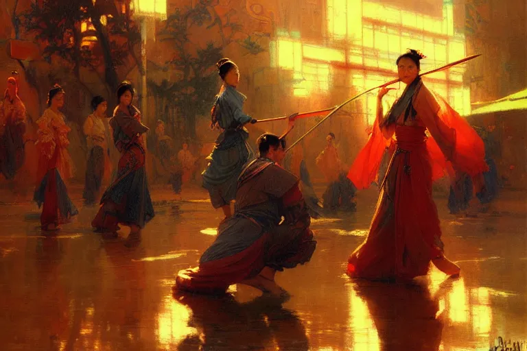 Image similar to wuxia, autumn, neon light, painting by gaston bussiere, craig mullins, j. c. leyendecker