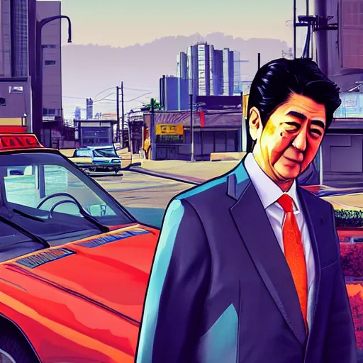 Image similar to Shinzo Abe in GTA V, cover art by stephen Bliss, artstation, no text
