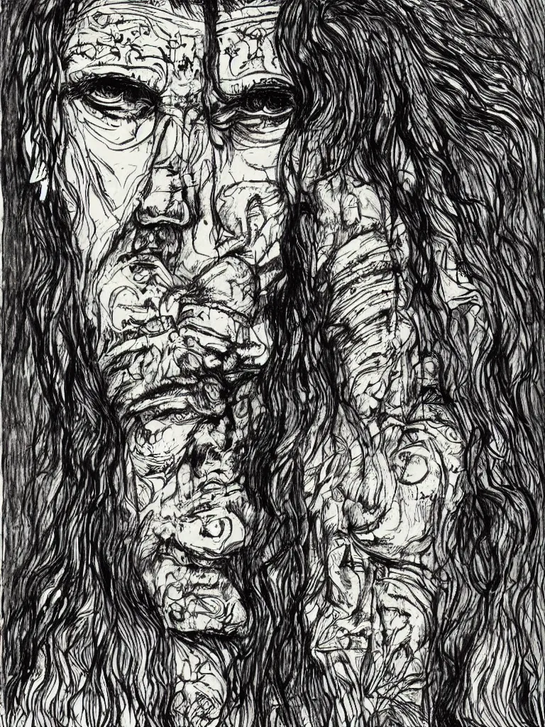 Image similar to face portrait of a shaman with a big nose and curly black hair, hand drawn illustration, ink and marker, by sergio toppi