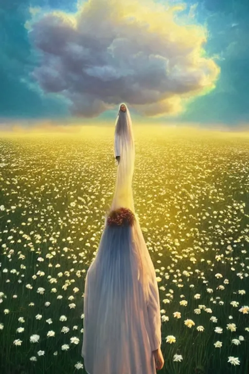 Image similar to giant white daisy flower crown head, veil girl walking in a flower field, surreal photography, sunrise, dramatic light, impressionist painting, colorful clouds, digital painting, artstation, simon stalenhag