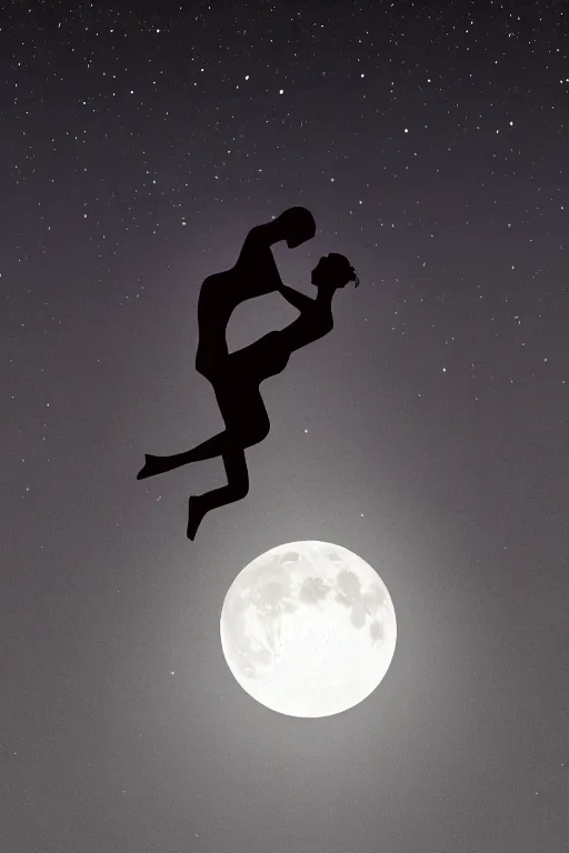 Image similar to the background is a huge moon. in the night environment, a man jumps into the air with a woman in his arms. in the middle of the moon are two figures in black silhouettes.