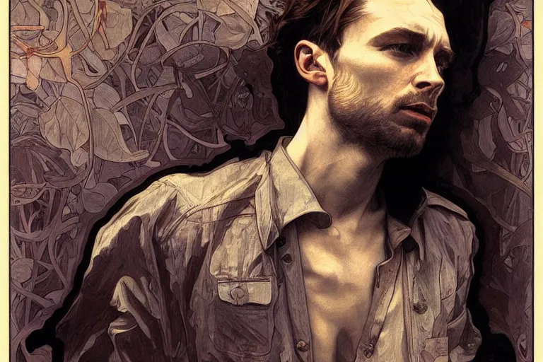 Image similar to hyper realistic portrait of thom thom thom thom singer songwriter, by lee bermejo, alphonse mucha and greg rutkowski