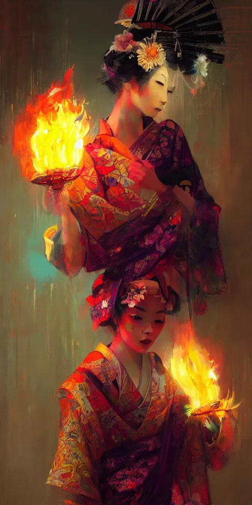 Prompt: female geisha girl holding a colorful flame, beautiful face, colourful, rule of thirds, intricate outfit, spotlight, by greg rutkowski, by jeremy mann, digital painting