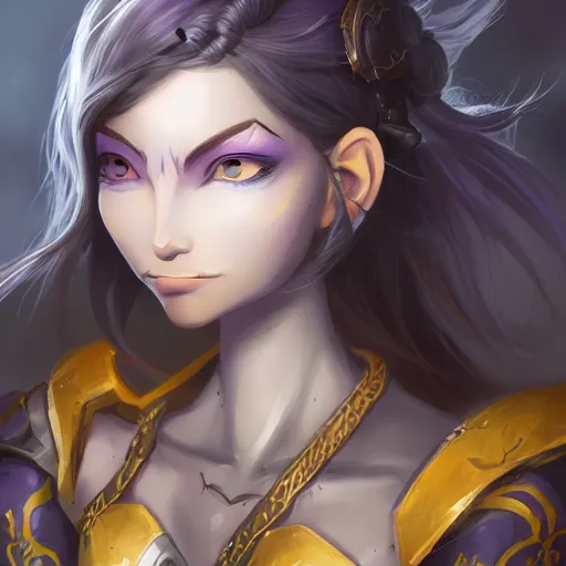 Image similar to a night elf girl with grey skin, yellow eyes and hair, ponytail, wearing armor, highly detailed, digital painting, artstation, matte, by makoto shinkai, animation style