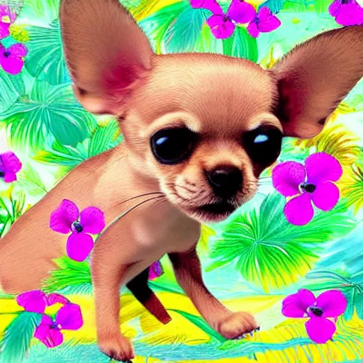 Image similar to small chihuahua puppies with beautiful and tropical clothes, digital art