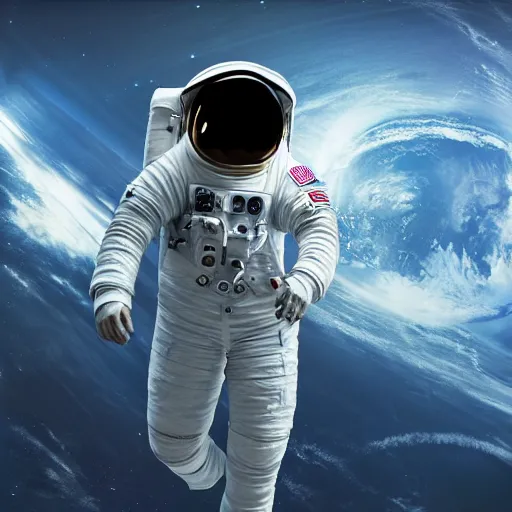 Image similar to 4 k realistic photo of an astronaut walking around a futuristic spaceship, highly detailed