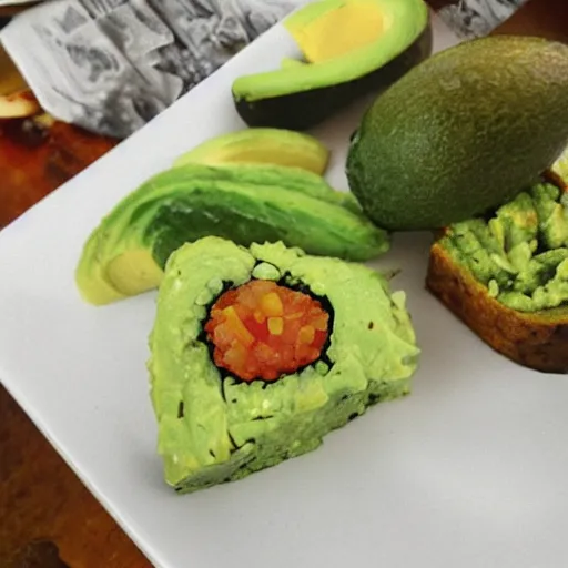 Image similar to walter white eating avocado roll, photography,