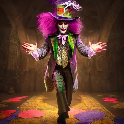 Prompt: full body pose, hyperrealistic photograph of the mad hatter, dim volumetric lighting, 8 k, octane beautifully detailed render, extremely hyper detailed, intricate, epic composition, cinematic lighting, masterpiece, trending on artstation, very very detailed, stunning, hdr, smooth, sharp focus, high resolution, award, winning photo, dslr, 5 0 mm