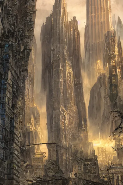 Image similar to gigantic city, adorned pillars, towers, landscape, alex ross, neal Adams, david finch, concept art, matte painting, highly detailed, rule of thirds, dynamic lighting, cinematic, detailed, denoised, centerd