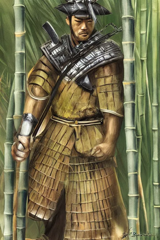 Image similar to close up of samurai warrior in a bamboo forest, a realistic illustration by david benzal, eddie mendoza