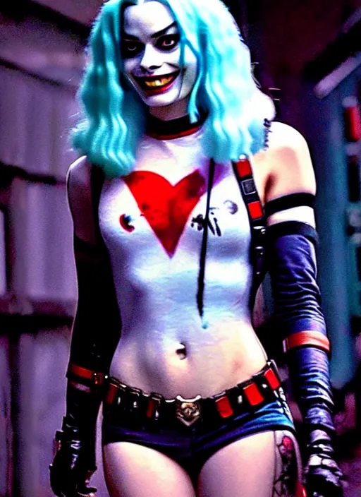 Prompt: 2 8 mm photo of beautiful suicide squad happy margot robbie with long white hair that looks like harley quinn standing on the wet street of dystopian gotham city at night, angry frown, seductive camisole, pinup, glamour fashion pose, watercolor, frank miller, moebius, jim lee, cinematic, ridley scott, lens flare, annie leibowitz