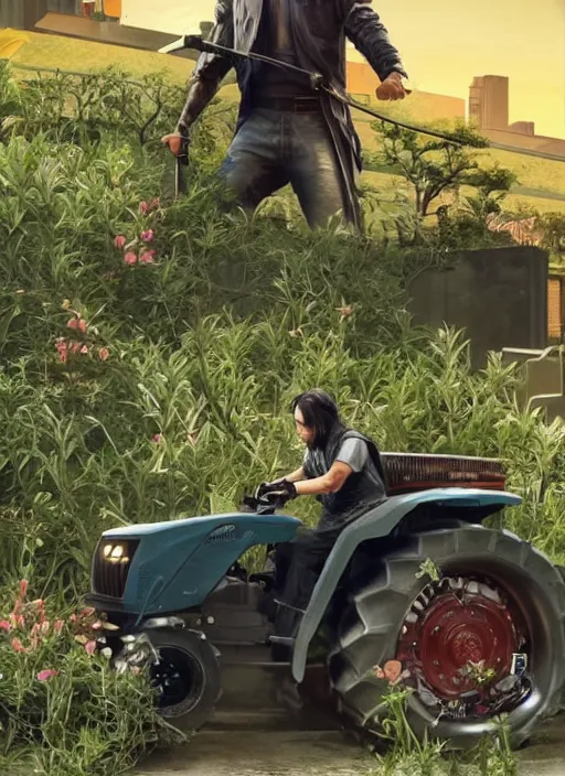 Image similar to wake up samurai we have a community to feed, solarpunk keanu reeves driving a tractor, cyberpunk 2 0 7 7, solarpunk, lots of plants, gardening, permaculture, anarchy, realistic, ultra detailed