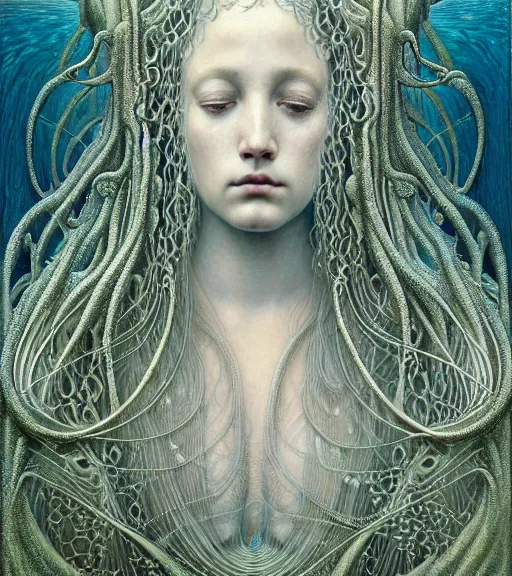 Image similar to detailed realistic beautiful mermaid goddess face portrait by jean delville, gustave dore, iris van herpen and marco mazzoni, art forms of nature by ernst haeckel, art nouveau, symbolist, visionary, gothic, neo - gothic, pre - raphaelite, fractal lace, intricate alien botanicals, ai biodiversity, surreality, hyperdetailed ultrasharp octane render