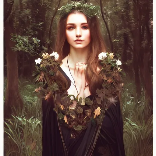 Prompt: beautiful girl wearing a black cloak standing in a forest, intricate, art by artgerm and greg rutkowski and alphonse mucha and william - adolphe bouguereau, high detailed, 4 k,