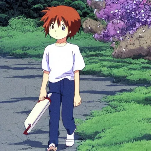 Prompt: anime, a young kid walking to a house with a playstation under his arm, happy, studio ghibli,