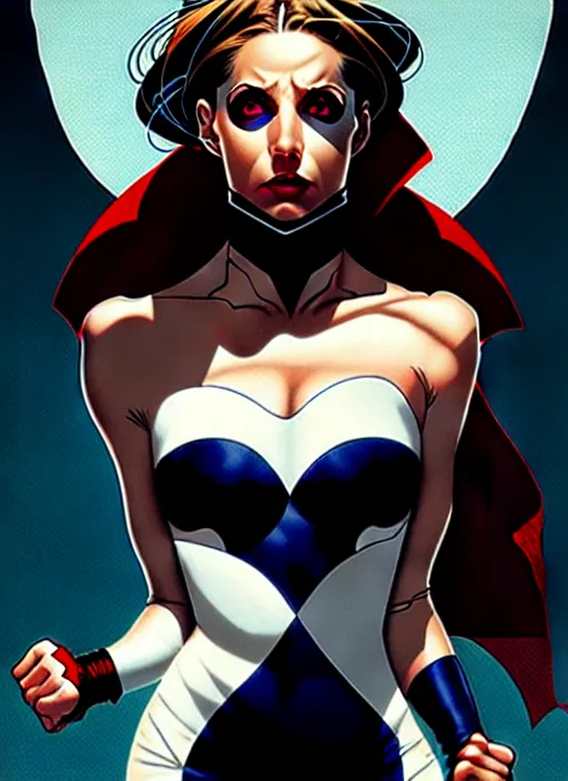 Image similar to artgerm, joshua middleton comic cover art, pretty sarah michelle gellar superhero, asymmetrical black oval spot covering left eye, left eye only, very pale white skin, no spot right eye, white around right eye