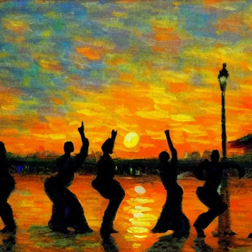 Prompt: impressionist painting of salsa dancers near the seine at sunset