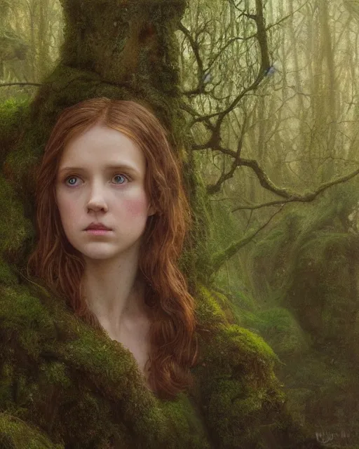 Prompt: a well - lit, realistic portrait oil painting of a thoughtful girl resembling a young, shy, redheaded irish alicia vikander or millie bobby brown in moss - covered ancient stone ruins at sunset, highly detailed, intricate, concept art, artstation, by donato giancola, ron cobb, and artgerm