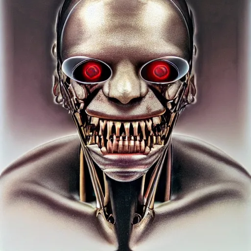 Prompt: portrait of biomechanical human, one eye replaced with monocular lens, gritting teeth, metallic jaw, muscle striations visible, wet, 8k, color airbrush, by Simon Bisley