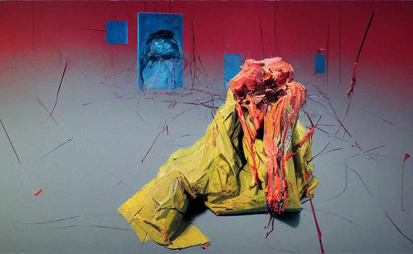 Prompt: an empty room in the style of constructivism, exhibition of paintings, trash bag on head, blurred, grotesque, doomed, neural acrylic paint, high resolution, gouache on canvas, ultra detailed, vibrant colors, grotesque, wrapped thermal background, art by francis bacon, beksinski painting