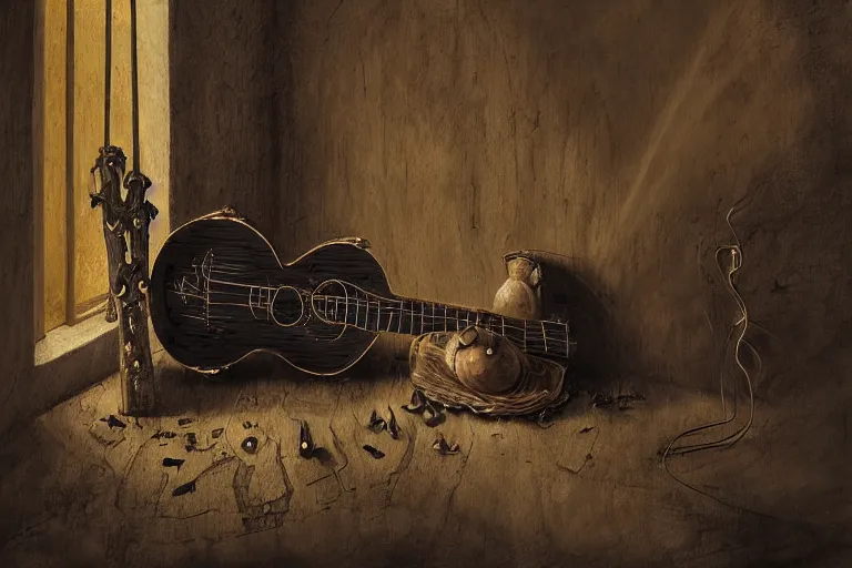 Image similar to still life of a cursed carved wooden lute with ebony inlay and strings of pain, oud, guitar designed by brian froud and hr giger leans against the wall alone, abandoned. an empty brutalist chamber, lonely, somber, a thin wisp of smoke rises from the lute. late afternoon lighting cinematic fantasy painting by jessica rossier