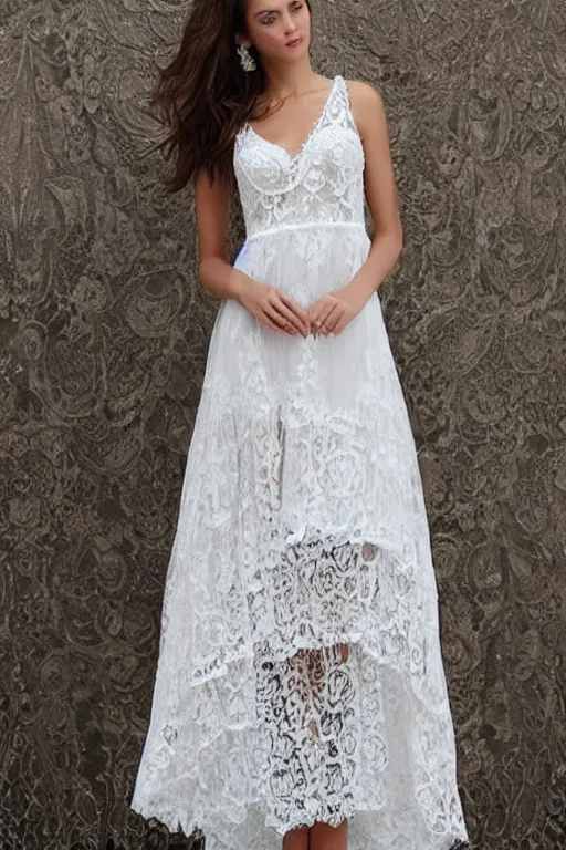 Image similar to a short beautiful high low lace dress, wedding dress, bohemian, detailed lacework, lace dress, romantic dress, white and silver, floral lacework