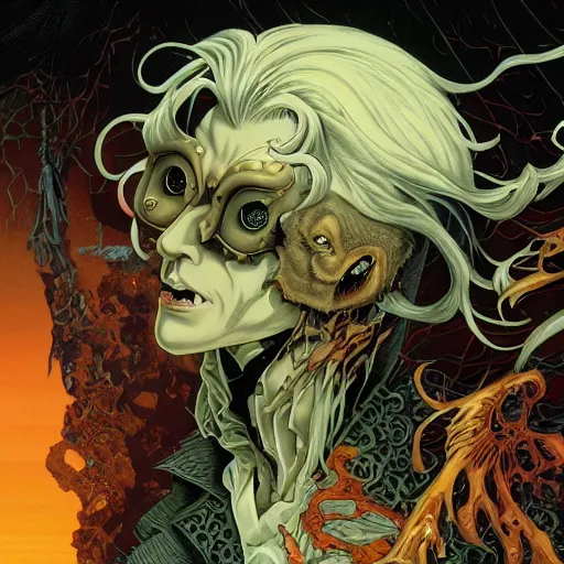 Image similar to closeup of face melting, vampire, catelvania, by yoichi hatakenaka, masamune shirow, josan gonzales and dan mumford, ayami kojima, takato yamamoto, barclay shaw, karol bak